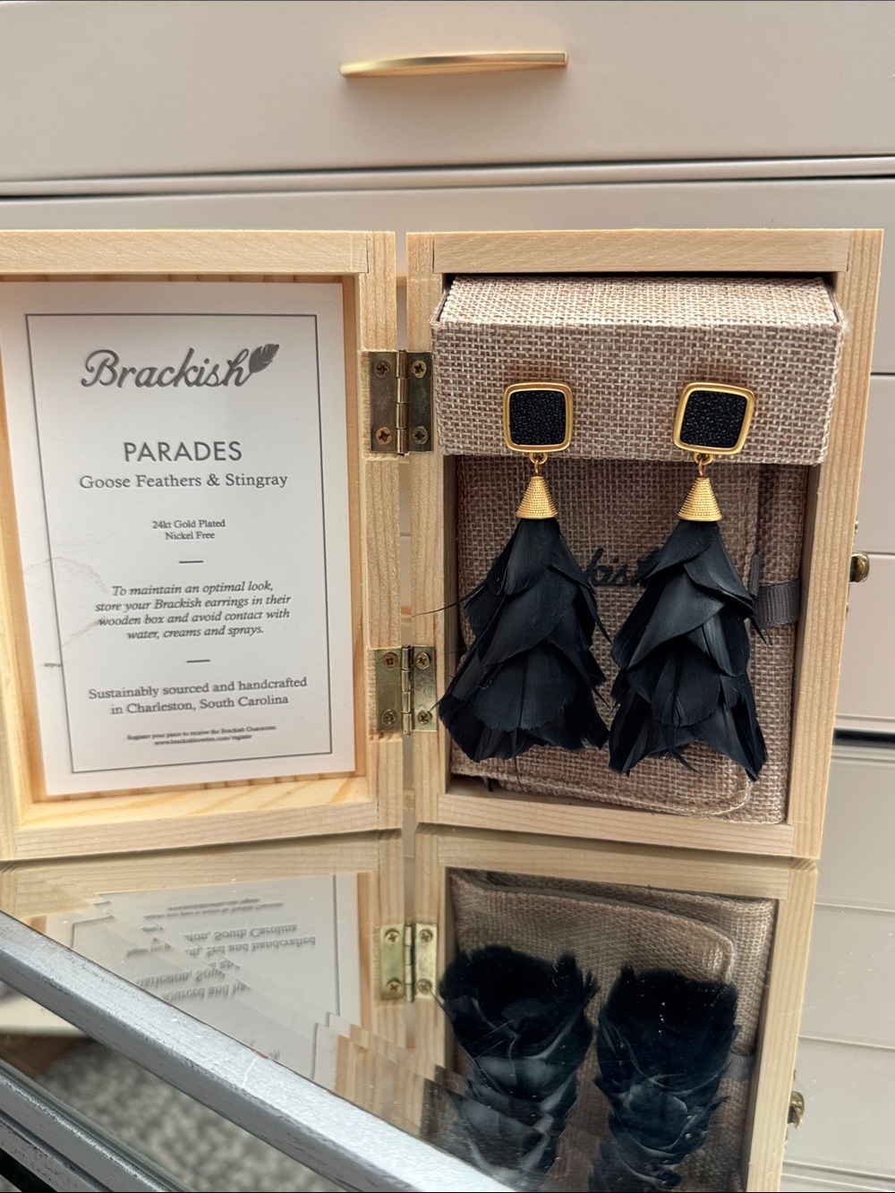 Brackish Black Feather Drop Earrings - Parades Goose Feathers and Stingray.